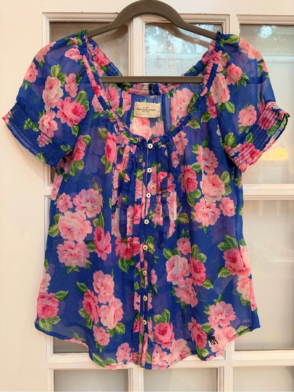 Vintage Abercrombie & Fitch Y2K Sheer Floral Button-Front Peasant Top Size S